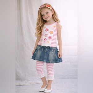 sz 5 Girls 3pc Matching Outfit Top, Skirt & Leggings Denim Sequins Boutique $150